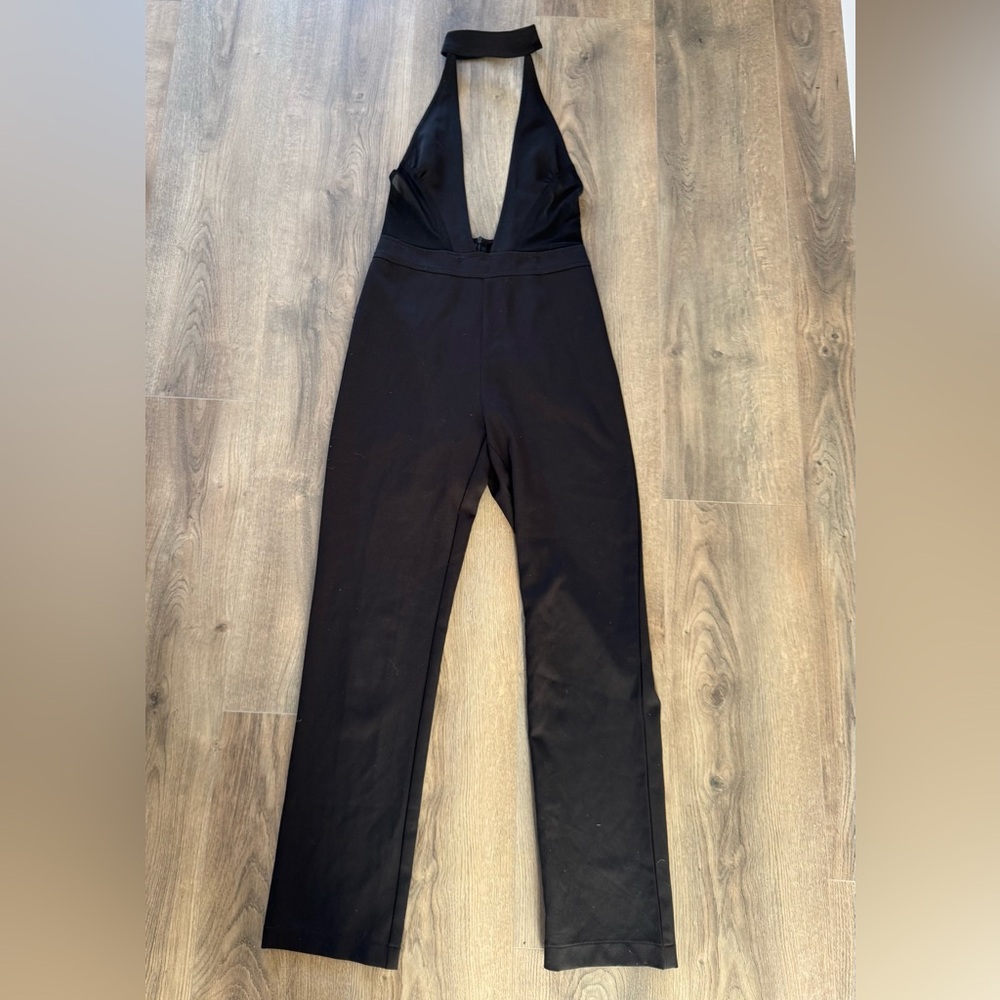 Meshki Black Halter Plunge Mesh Jumpsuit
